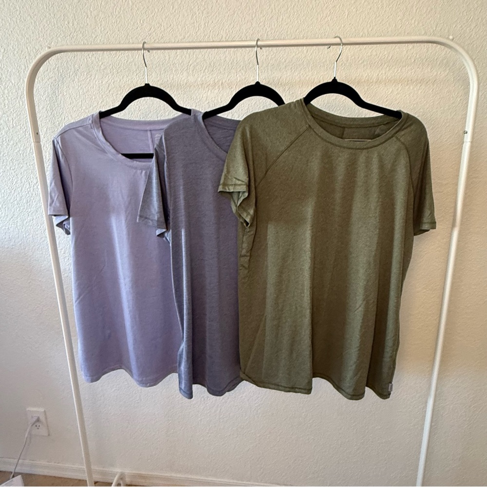 Women's Casual Athletic T-Shirt Set - Olive Green and Lavender, Hiking outdoors